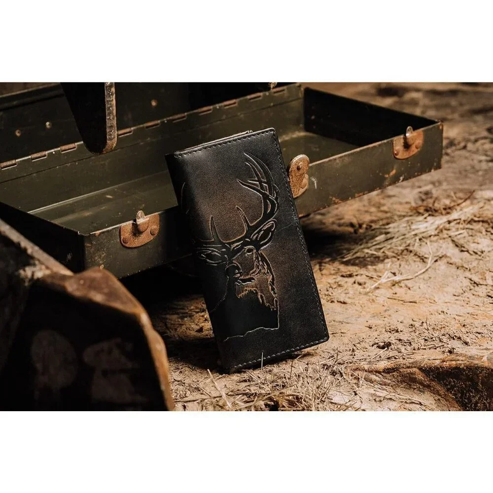 🆕Men Black Co. DEER Long Wallet Full Grain Leather Long Bifold Hunter Wallet